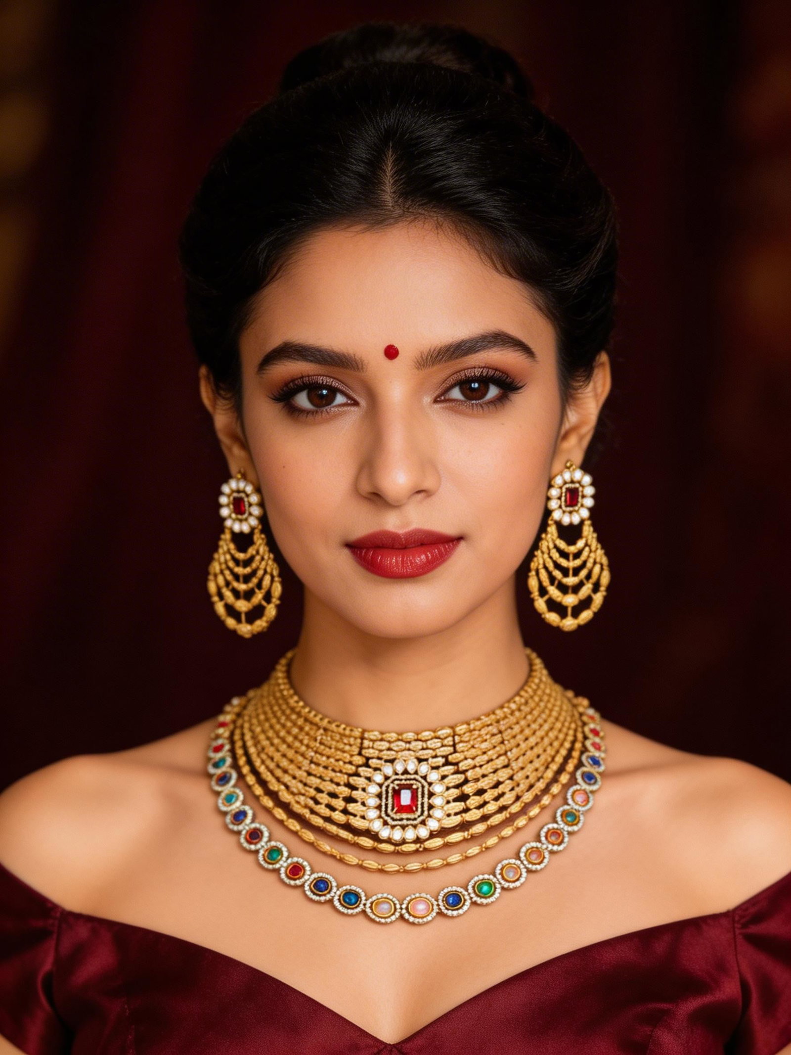 Multi-Color Navratna Kundan Stone Studded Layered Choker Necklace Set with Earrings (1 of 2)