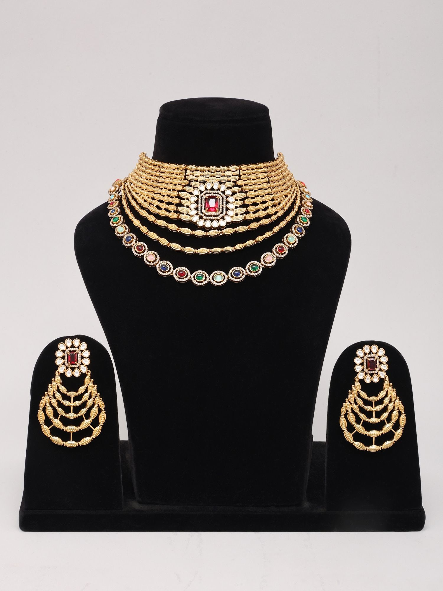 Multi-Color Navratna Kundan Stone Studded Layered Choker Necklace Set with Earrings - 2
