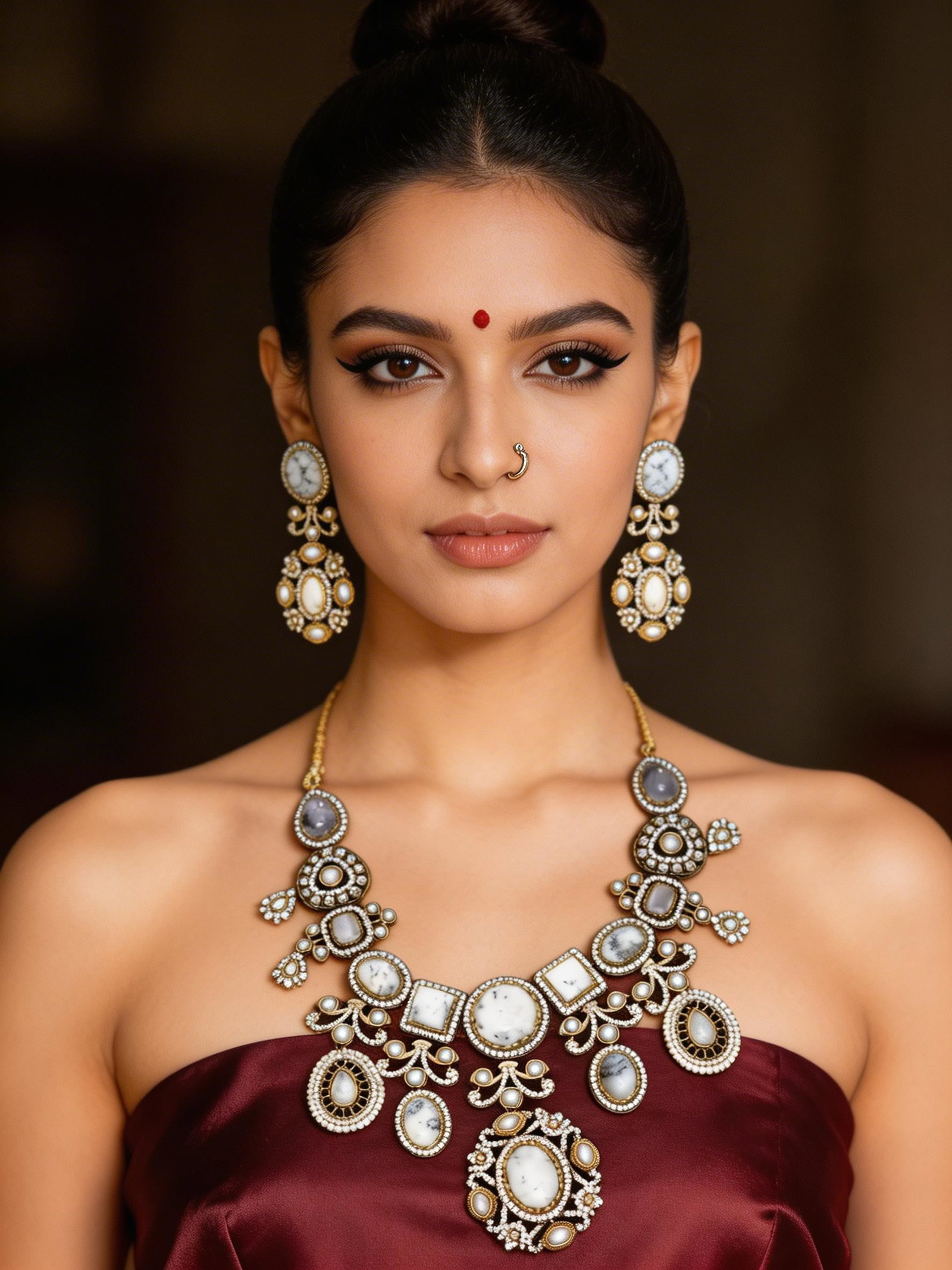 Geometric Design White Tie-Die Stone Studded Kundan Necklace Set with Earrings: Title:Geometric Design White Tie-Die Stone Studded Kundan Necklace Set with Earrings Reference:itemcode : JA0453 Reserve: $124.00 Shipping: Domestic: Shipping rates are determined by destination