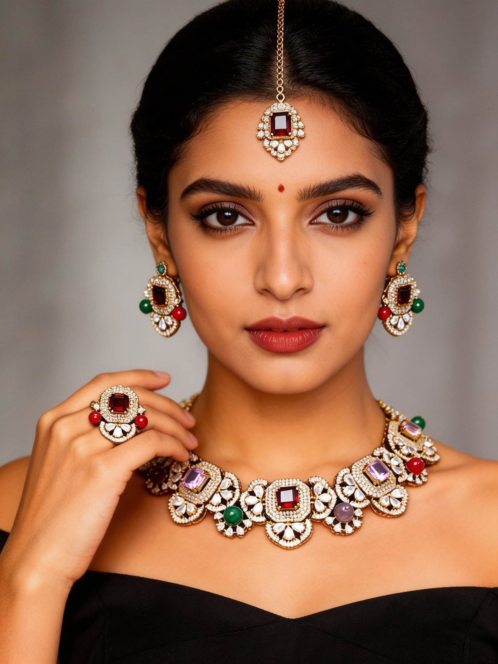 Floral Design Multicolor Stone Studded Necklace set with Adjustable Ring, Maang Tikka and Earrings: Title:Floral Design Multicolor Stone Studded Necklace set with Adjustable Ring, Maang Tikka and Earrings Reference:itemcode : JA0452 Reserve: $124.00 Shipping: Domestic: Shipping rates are determined 