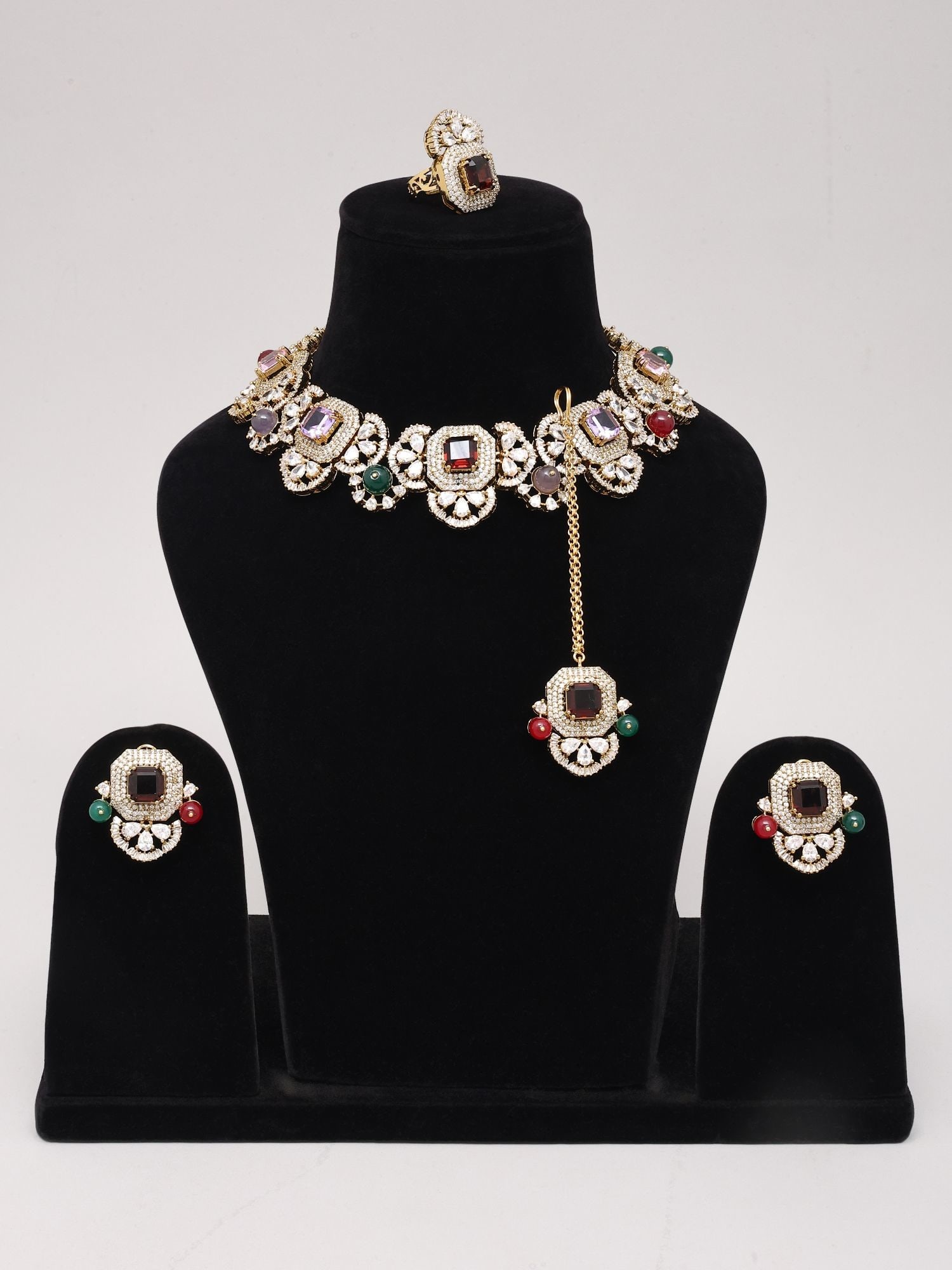 Floral Design Multicolor Stone Studded Necklace set with Adjustable Ring, Maang Tikka and Earrings - 2