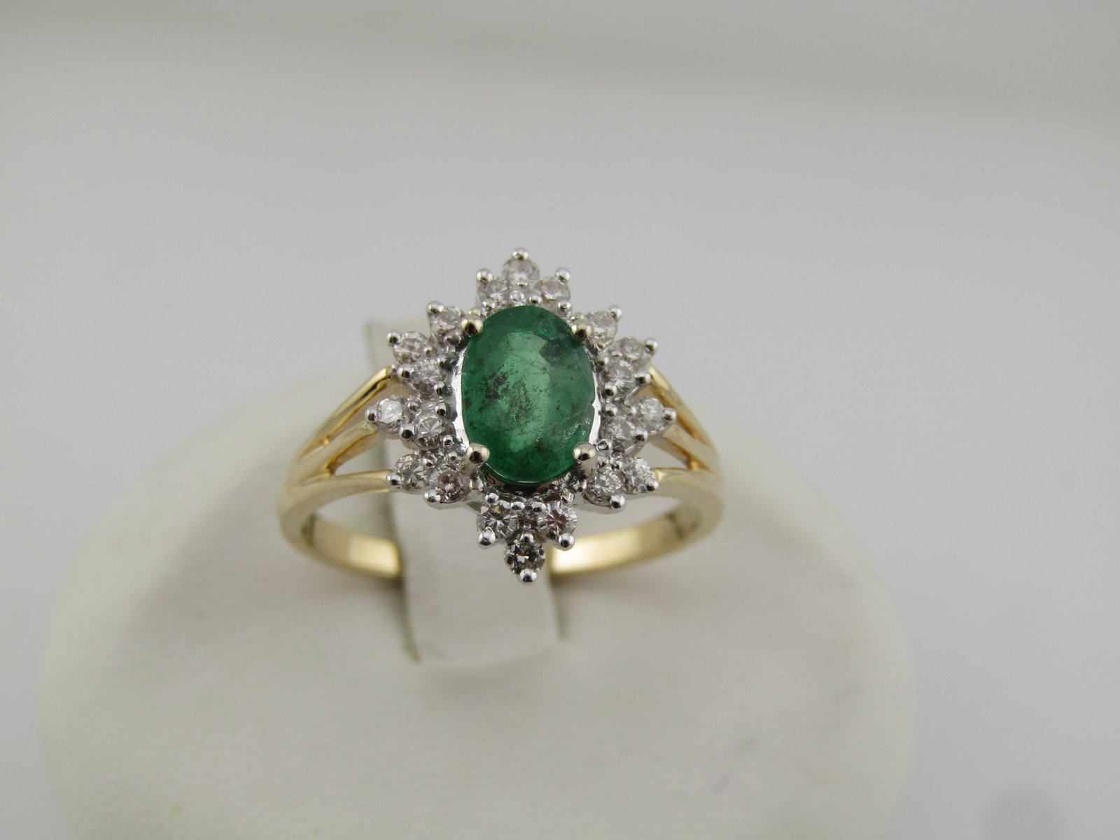 14kt Emerald & Diamond Ring, Sz. 7, Signed GMA.: Title:14kt Emerald & Diamond Ring, Sz. 7, Signed GMA. Description:14kt Emerald & Diamond Ring, Sz. 7, Signed GMA. 1970's-1990's This 14kt yellow and white gold that is marked and tests as 14kt with