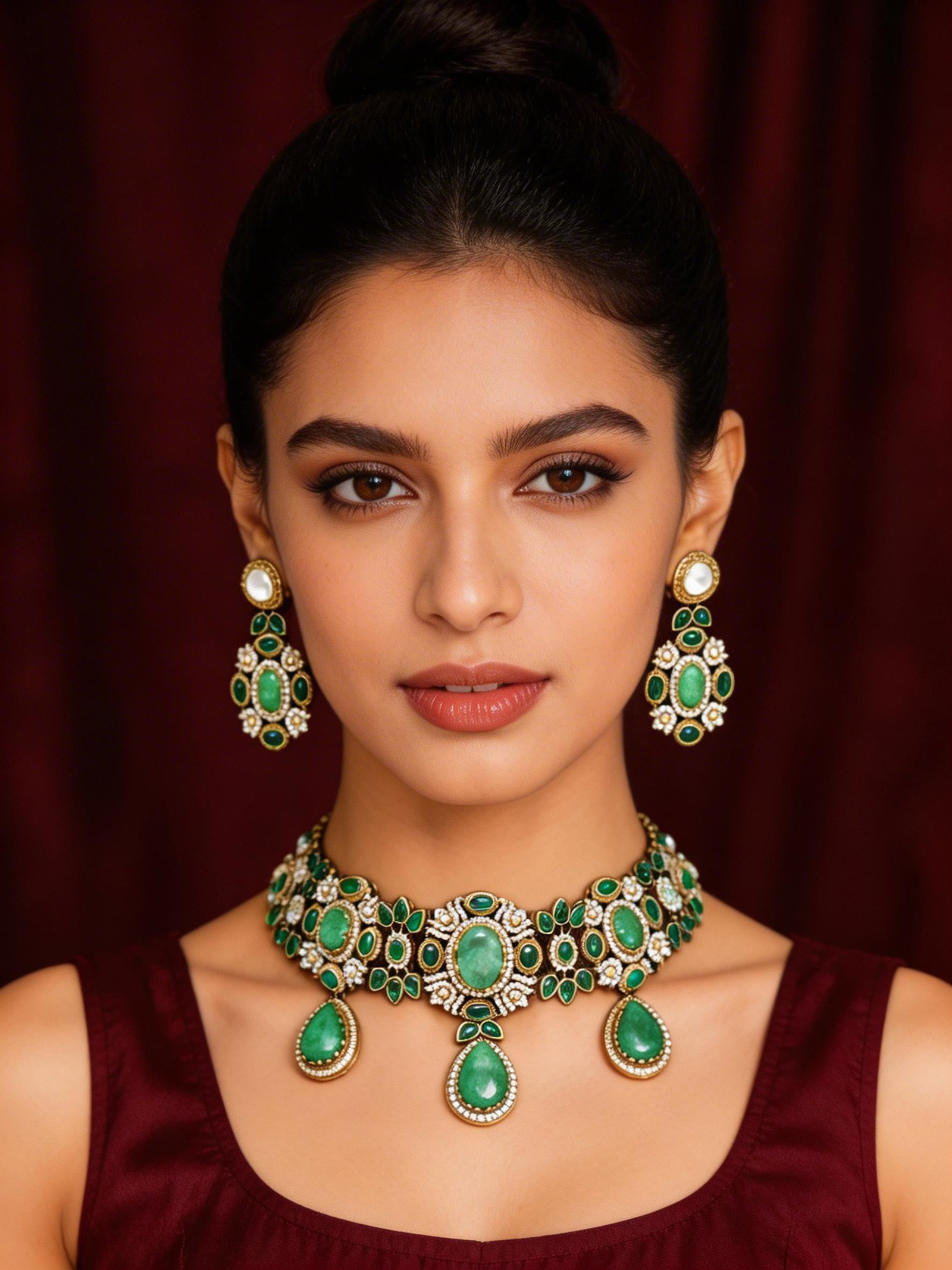 Green Stone Studded Kundan Necklace Set with Earrings: Title:Green Stone Studded Kundan Necklace Set with Earrings Reference:itemcode : JA0449 Reserve: $86.00 Shipping: Domestic: Shipping rates are determined by destination International: Foreign