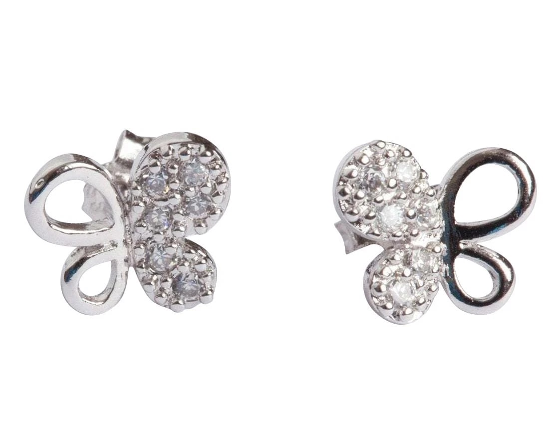 Unique Sterling Silver Cubic Zirconia Butterfly Earrings: Title:Unique Sterling Silver Cubic Zirconia Butterfly Earrings Description:Very unique shape and design. Dead stock vintage. Circa 1980’s. Pave in cubic zirconia. The earrings measure 3/8” by