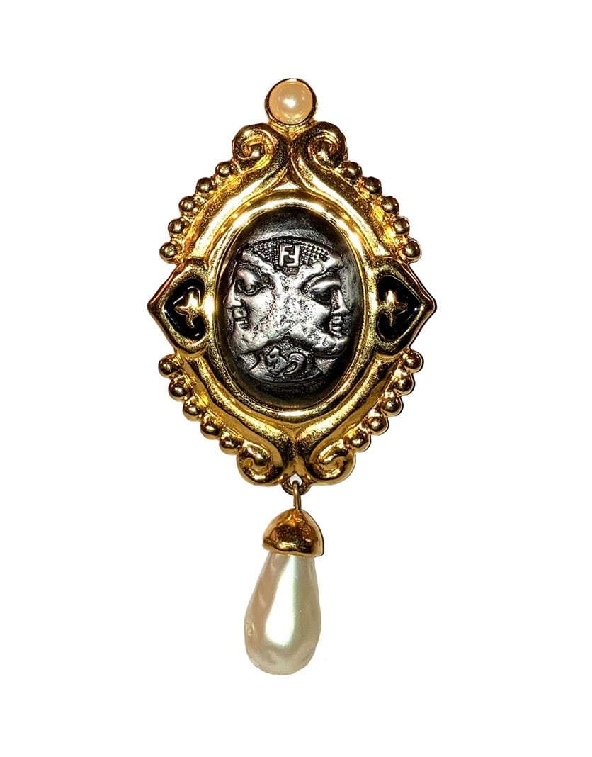 Fendi Janus Byzantine Inspired Two Tone Brooch with Simulated Pearls - 2