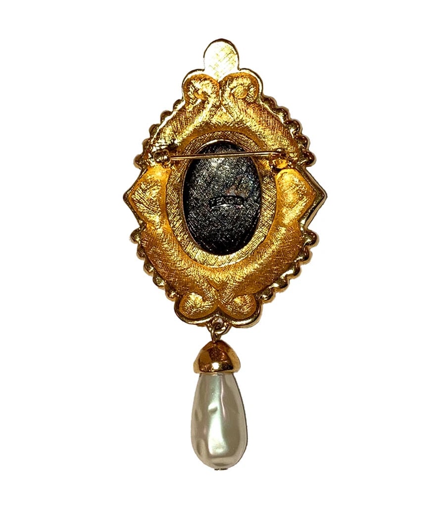 Fendi Janus Byzantine Inspired Two Tone Brooch with Simulated Pearls - 4