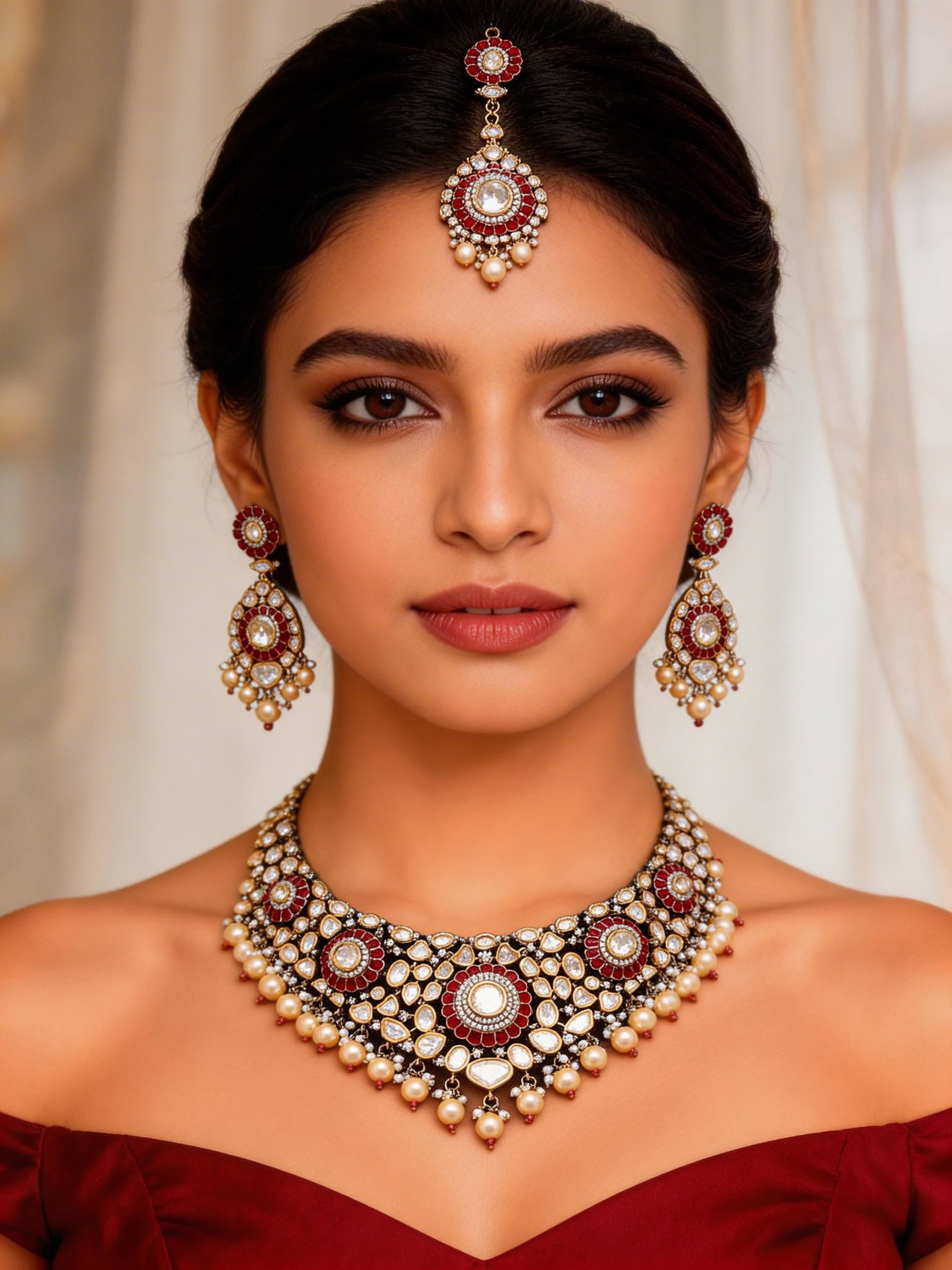 Floral Kundan Bridal Necklace Set with Maang Tikka and Pearl Drops: Title:Floral Kundan Bridal Necklace Set with Maang Tikka and Pearl Drops Reference:itemcode : JA0431 Reserve: $184.00 Shipping: Domestic: Shipping rates are determined by destination International: