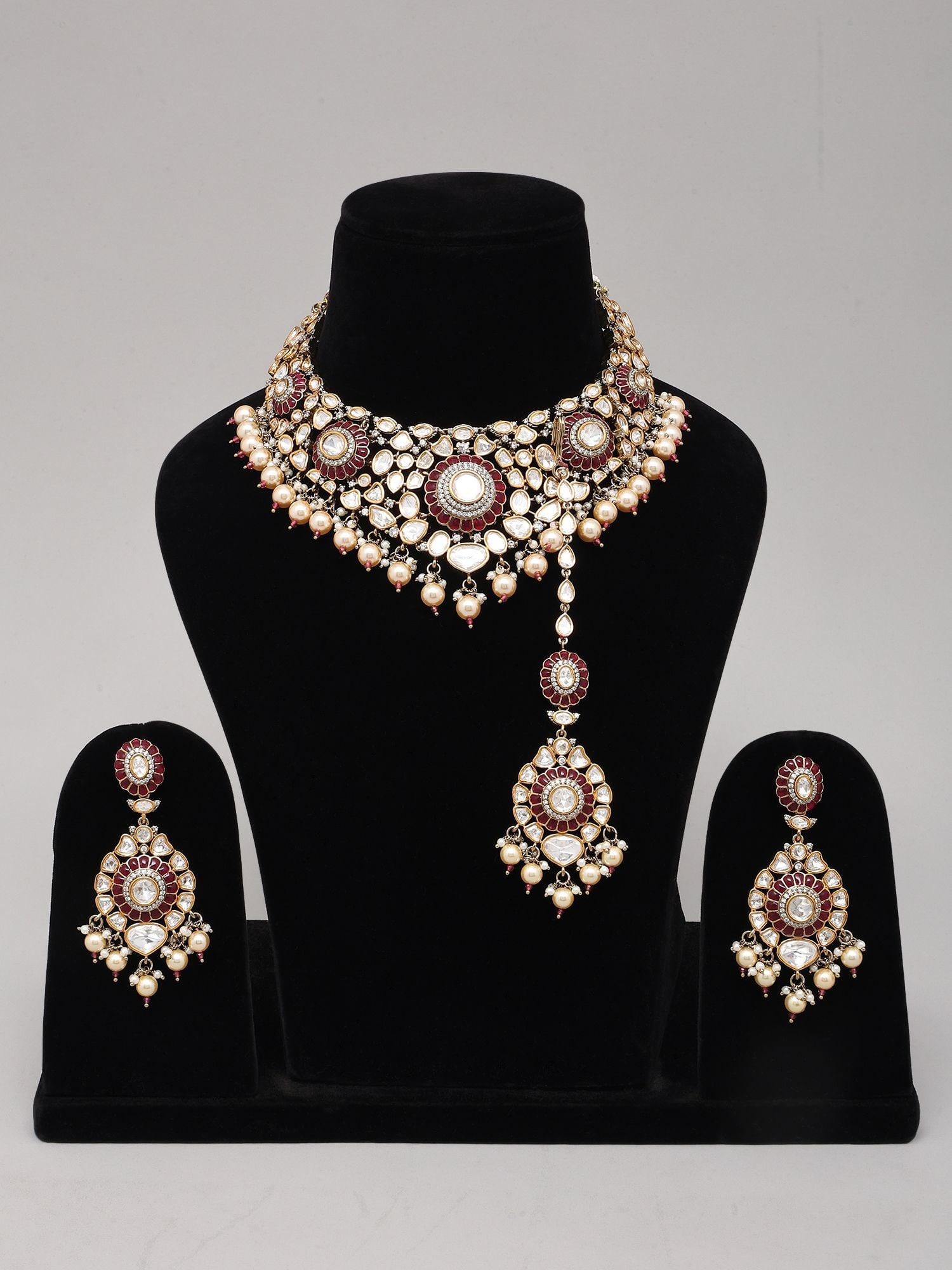 Floral Kundan Bridal Necklace Set with Maang Tikka and Pearl Drops - 2