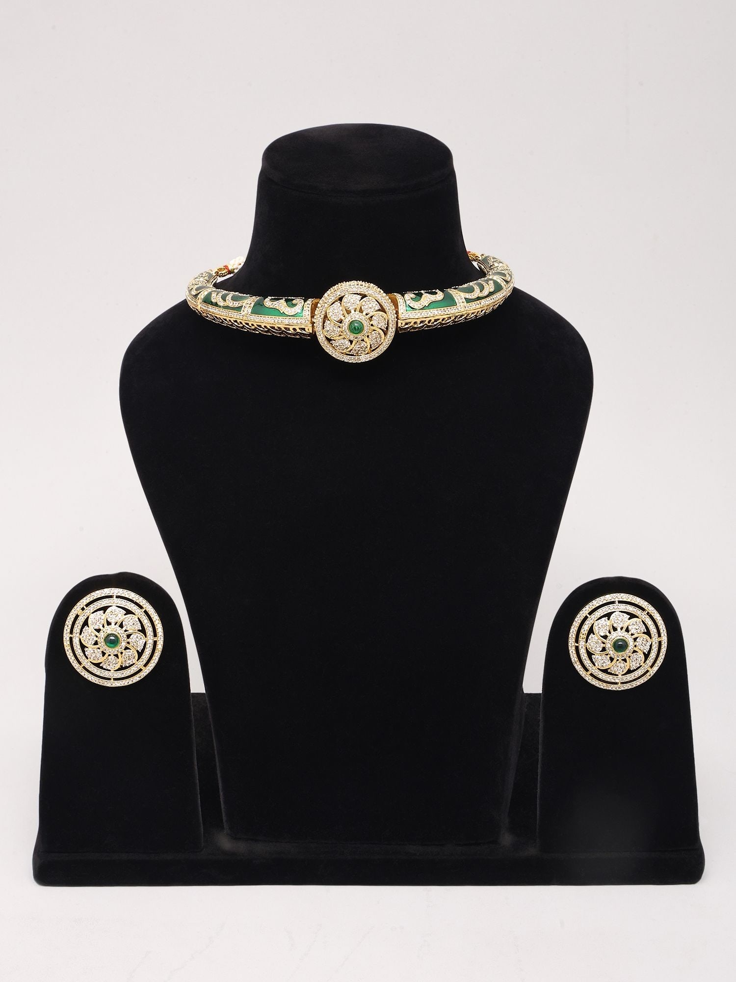 Green Stone Studded Rajasthani Style Hasli Necklace with Stud Earrings - 2