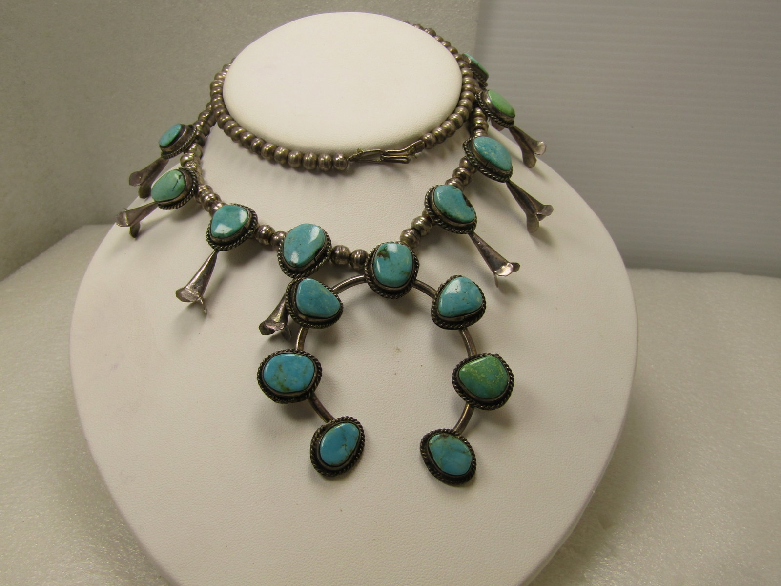 Vintage Southwestern Sterling Turquoise Squash Blossom Necklace, 23" Unisex, Later 1900's (1 of 10)