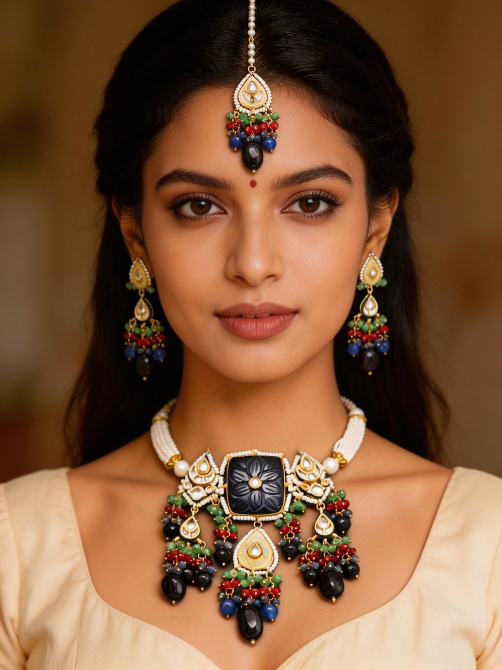 Multistand Kundan Choker Set with Maang Tikka Earrings and Bead Drops: Title:Multistand Kundan Choker Set with Maang Tikka Earrings and Bead Drops Reference:itemcode : JA0409 Reserve: $92.00 Shipping: Domestic: Shipping rates are determined by destination International:
