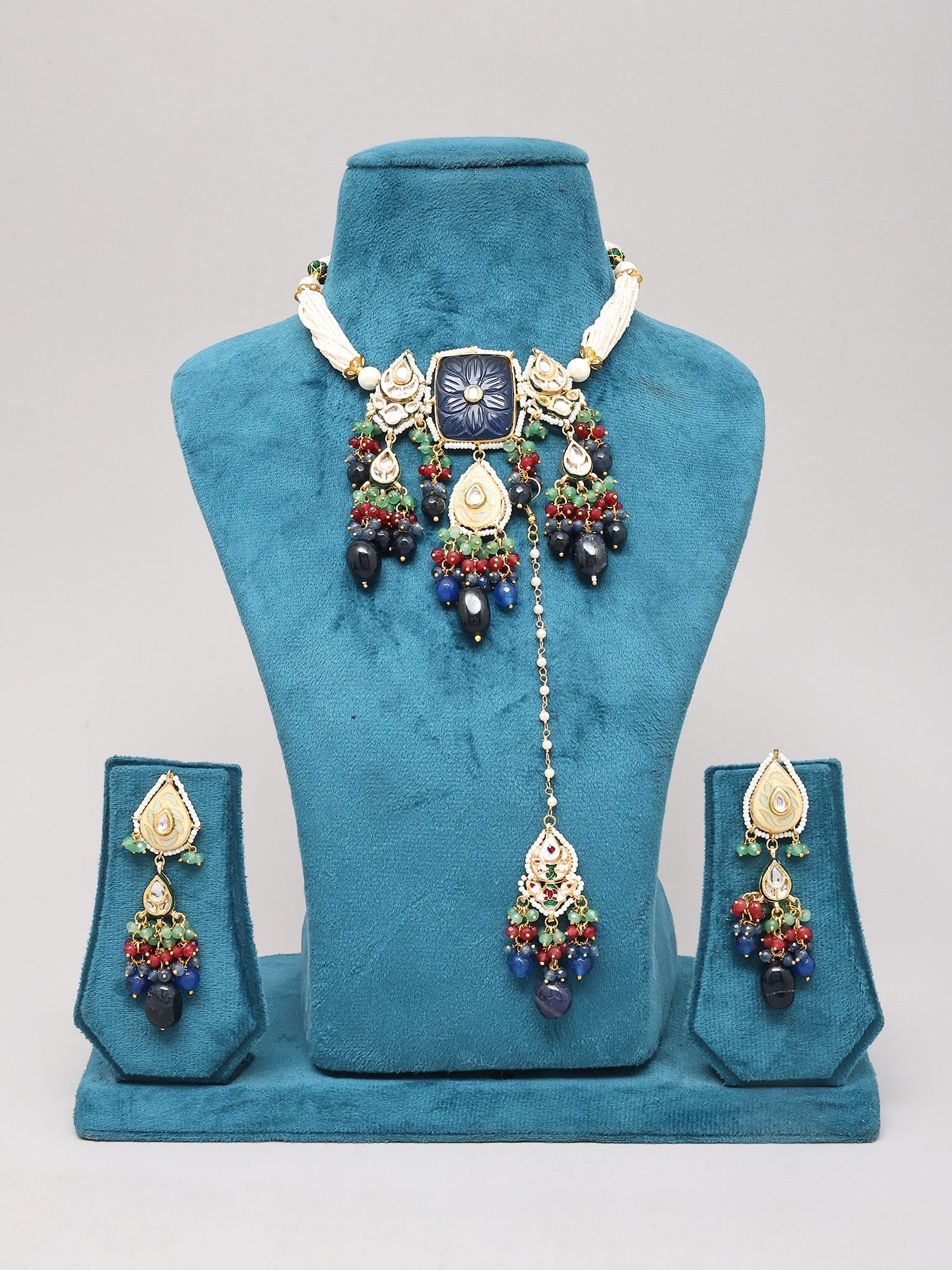 Multistand Kundan Choker Set with Maang Tikka Earrings and Bead Drops - 2