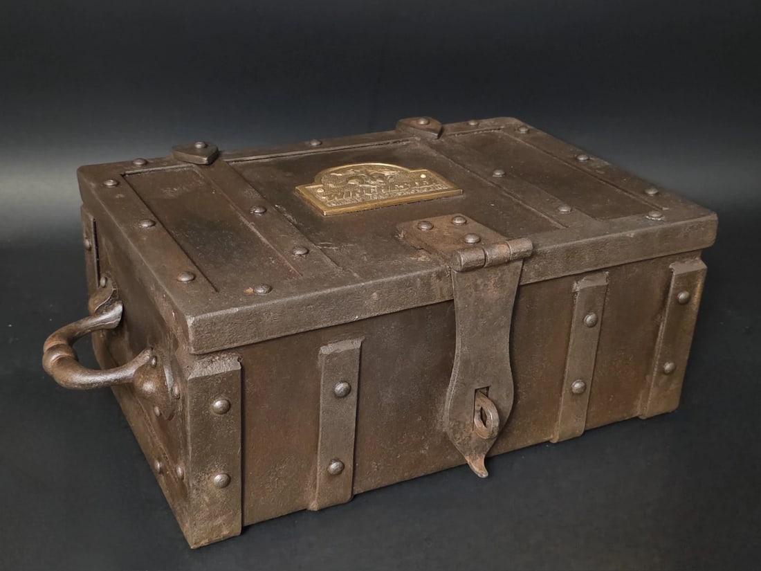 15" Wrought Iron Winchester Ammunition Chest Strongbox: 15 1/2 W" x 10 1/2" H x 7" T 24lbs Heavy strongbox-style chest inspired by early Winchester ammunition transport crates used by sporting goods dealers and hunting outfitters in the late 19th and early
