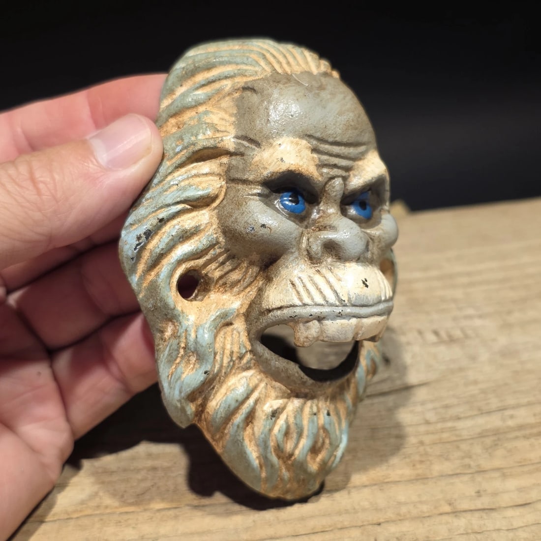 Cast Iron Yeti Sasquatch Wall mount Bottle Opener: 4 3/4" Tall x 3 1/4" Wide Great reproduction cast iron bottle opener. This piece was made to look just like an antique, but is new. Reserve: $18.00 Shipping: Domestic: Flat-rate of $8.00 to anywhere