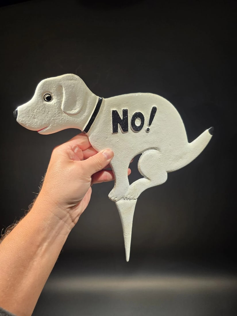 12" Cast Iron No Dog Sign Lawn Garden Stake Sign: 12" Tall x 11" Long Cast iron dog yard sign featuring a seated dog with "No!" marking, designed in the style of classic novelty lawn and garden signs. Pieces like this were commonly used as humorous d