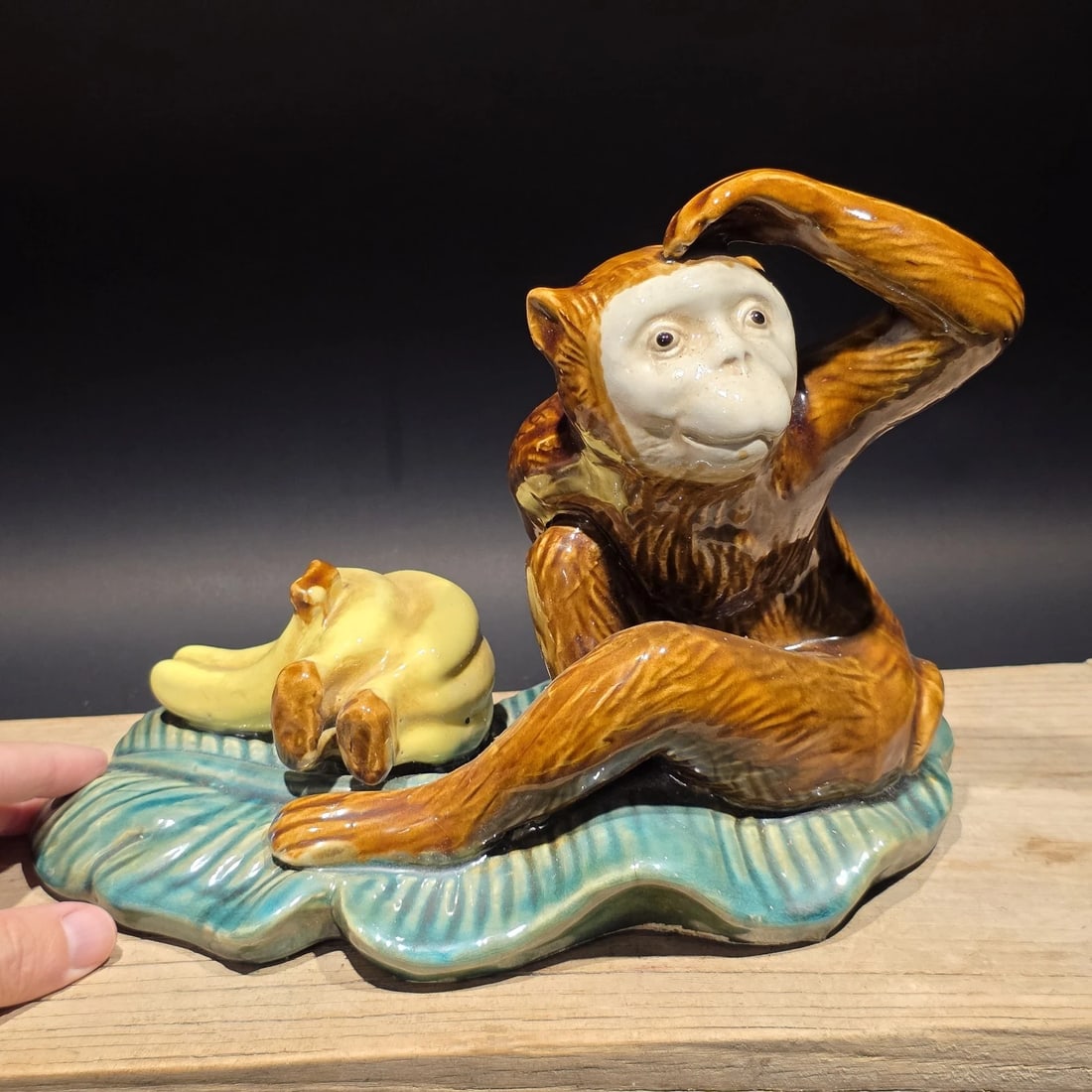 8" Majolica Style Monkey with Bananas Figurine - Wilson Ceramic Statue: Ceramic monkey figurine in a majolica-style glazed finish, marked Wilson. The design features a seated monkey with bananas, reflecting the playful animal forms seen in mid-century Italian majolica-ins