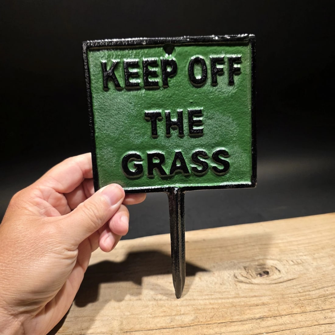 Cast Iron "Keep Off the Grass" Parks Lawn Sign: 8 1/4" x 5 1/4" Cast iron lawn sign reading "Keep Off the Grass", designed in the style of traditional garden and park markers. Signs like this have long been used in yards, estates, and public