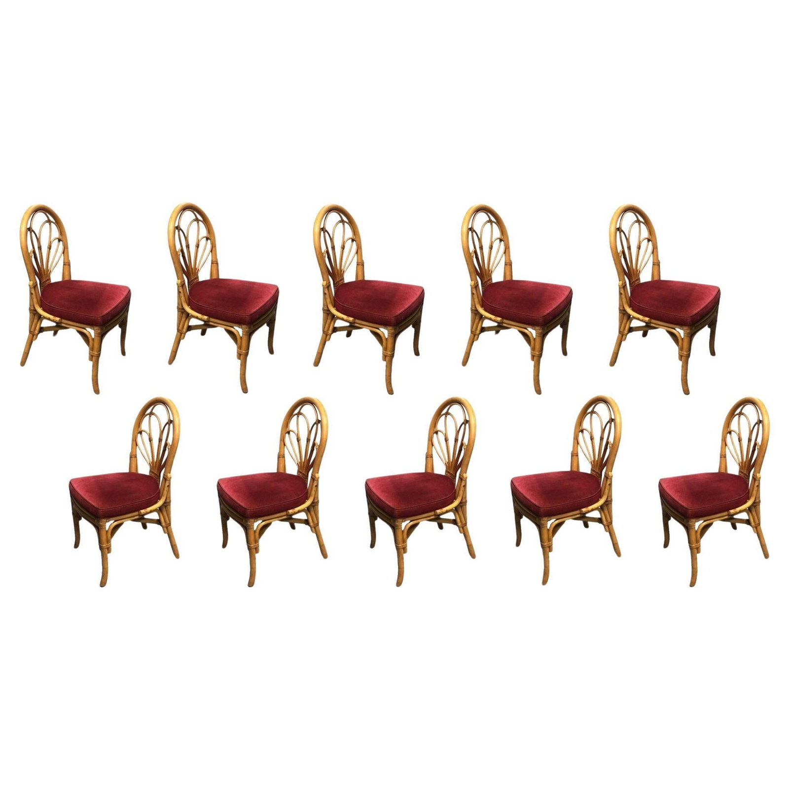 Restored Rattan Petal Fan Back Dining Chairs Set of 10: Title: Restored Rattan Petal Fan Back Dining Chairs Set of 10 Description: Discover the allure of vintage charm with our restored Paul Frankl-inspired rattan petal loop fan back dining chairs.