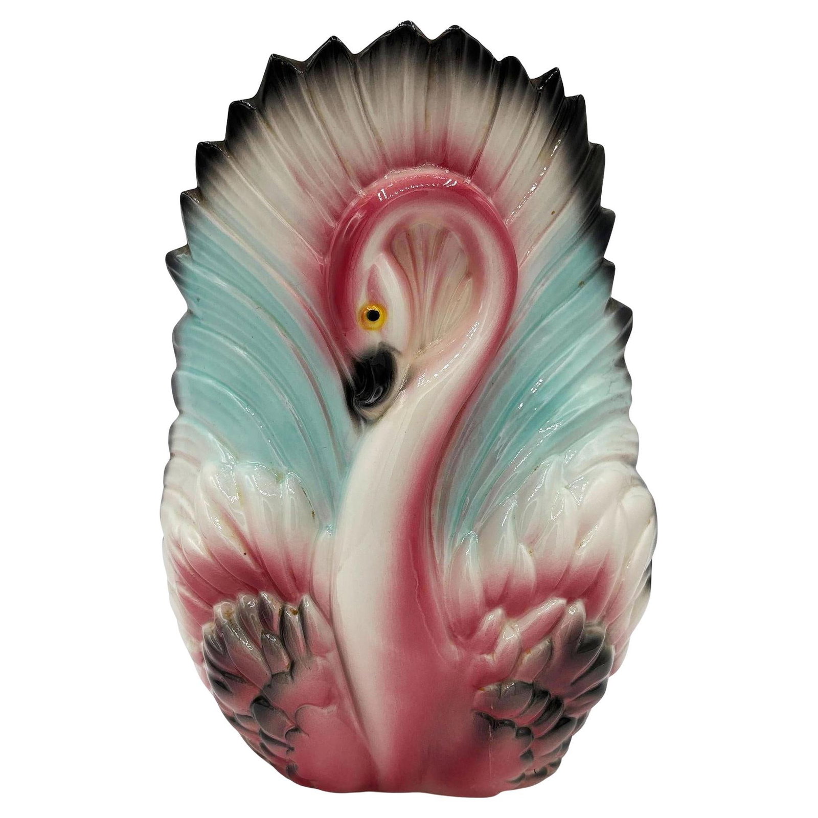 Mid-century California Ceramic Pottery Pink Flamingo w/ Open Wings TV Table Lamp: Title: Mid-century California Ceramic Pottery Pink Flamingo w/ Open Wings TV Table Lamp Description: Mid-century pink and green ceramic California pottery flamingo TV accent lamp. The table lamp