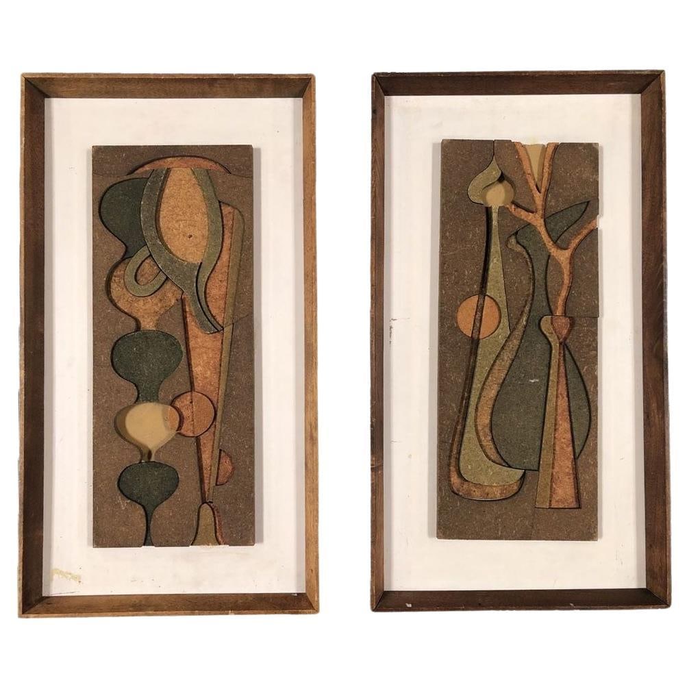 1950 Abstract Still Life 3D Fiberboard Art Wall Sculpture, Pair: Title: 1950 Abstract Still Life 3D Fiberboard Art Wall Sculpture, Pair Description: Pair of 3D abstract wall sculptures each featuring a still life depicting a table setting of 3 vases made from