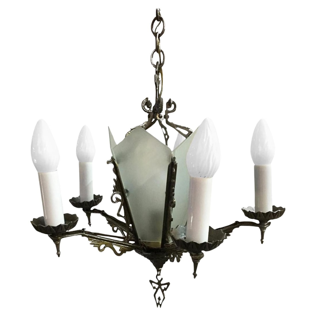 Art Deco Slat Glass Chandelier With Geometric Details: Title: Art Deco Slat Glass Chandelier With Geometric Details Description: Five-arm geometric Art Deco chandelier with candle-style lights and a light-up slat glass center. The piece features