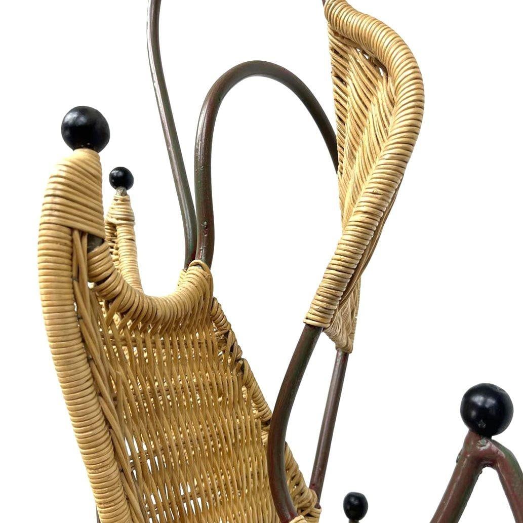 Mid-Century Woven Wicker & Iron Sculptural Coat Rack w/ Reed Pencil Rattan Base - 2