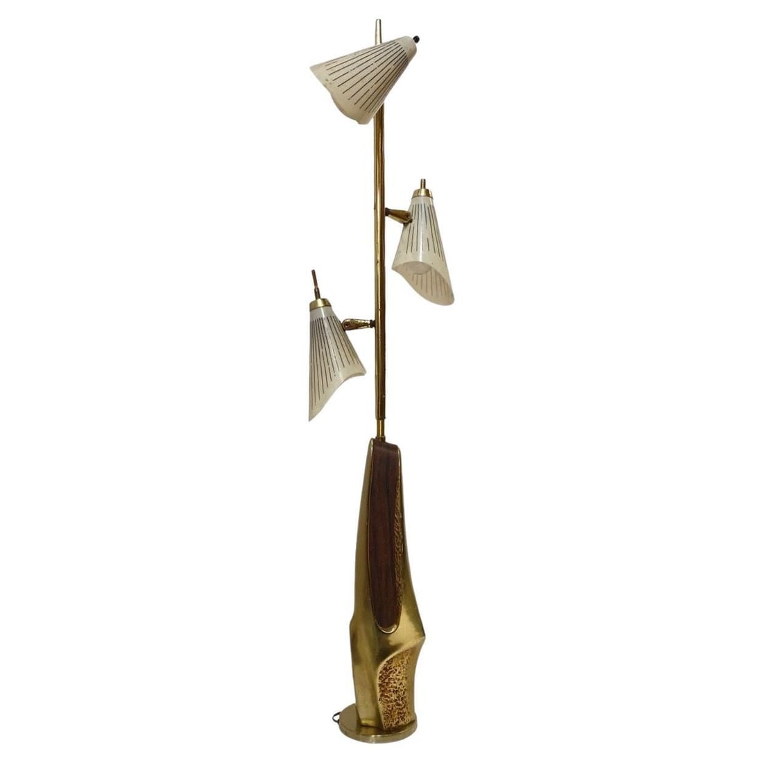 Mid Century Googie Brass & Art Pottery Floor Lamp w/ Fiberglass Shades (1 of 5)