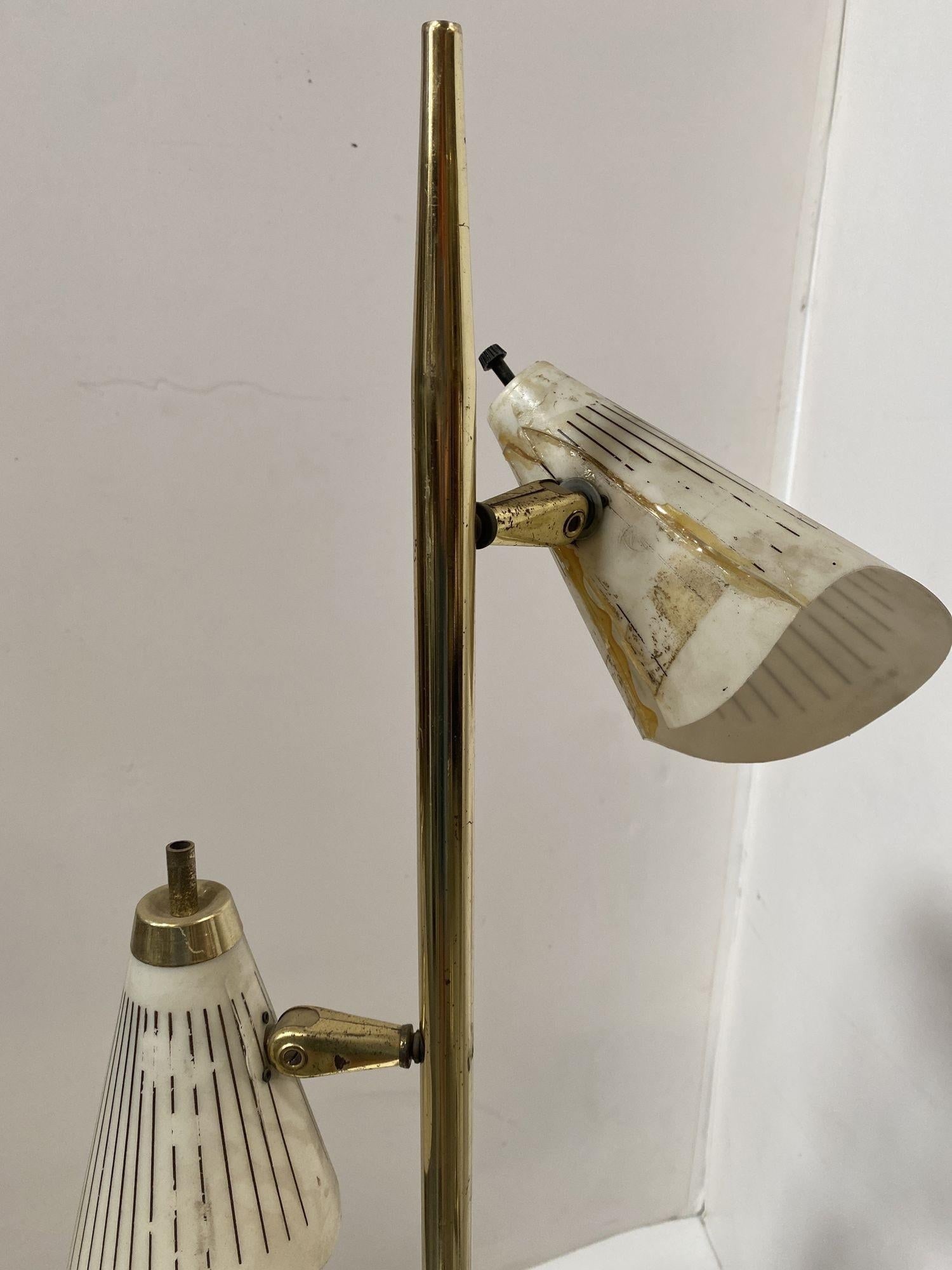 Mid Century Googie Brass & Art Pottery Floor Lamp w/ Fiberglass Shades - 5
