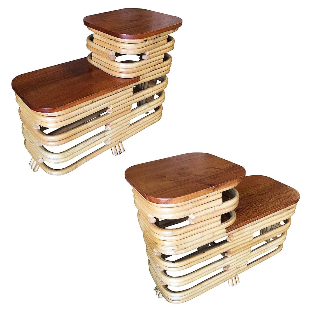 Pair Art Deco Stacked Rattan Side Table with Legs: Title: Pair Art Deco Stacked Rattan Side Table with Legs Description: Paul T. Frankl inspired two-tier stacked rattan end table with cut-out sides, mahogany wood tops and table legs, circa 1930. Measu