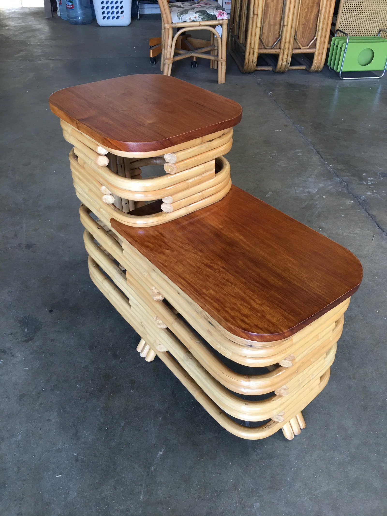 Pair Art Deco Stacked Rattan Side Table with Legs - 2