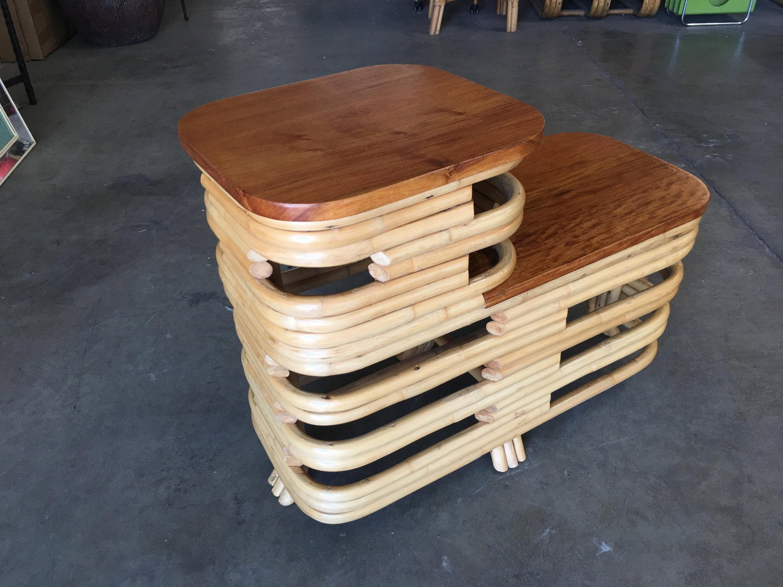 Pair Art Deco Stacked Rattan Side Table with Legs - 3