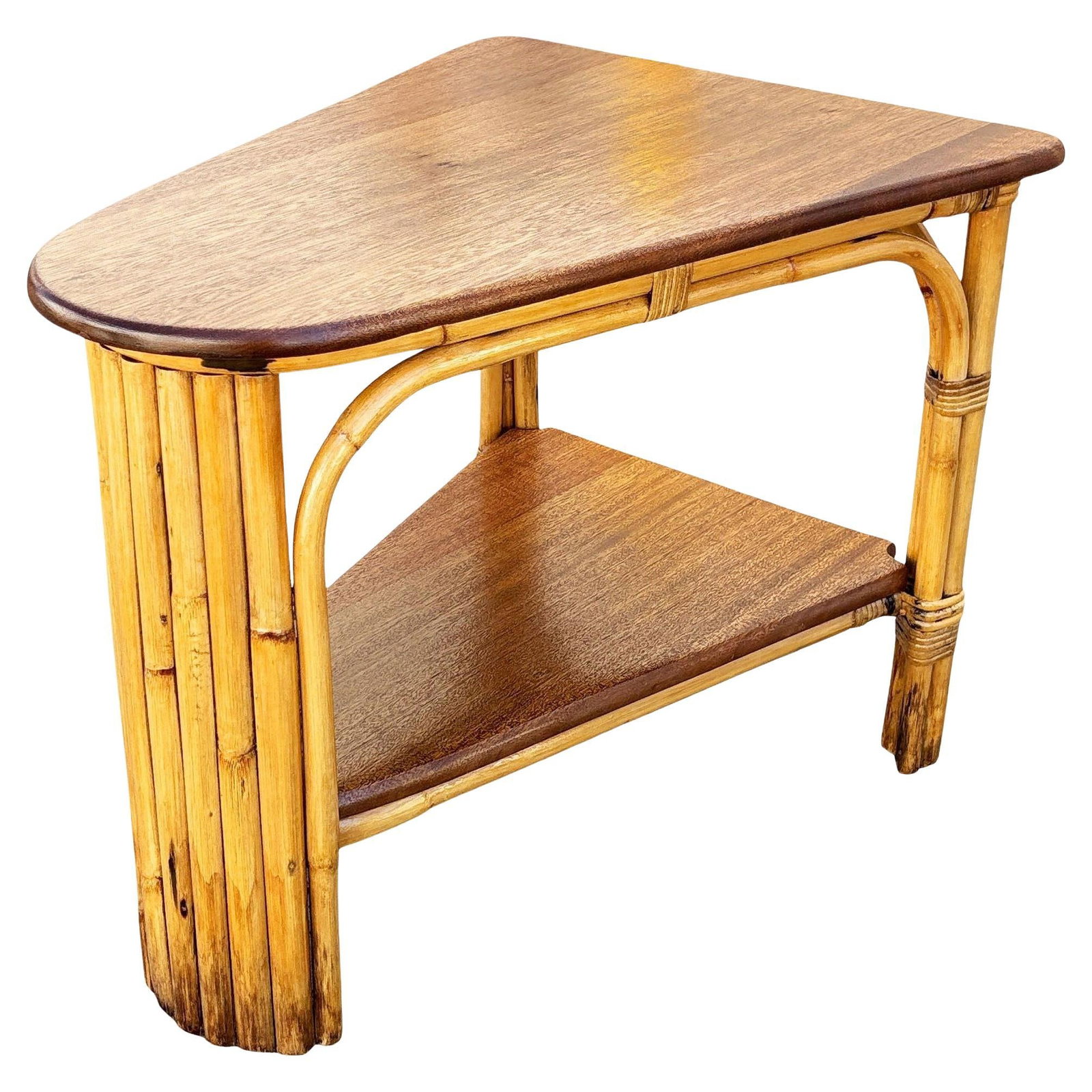 Restored MCM Rattan & Mahogany 7-strand Vertically Stacked Rattan Wedge Table: Title: Restored MCM Rattan & Mahogany 7-strand Vertically Stacked Rattan Wedge Table Description: This beautifully restored rattan 7-strand wedge table blends style and vintage charm with modern comfo