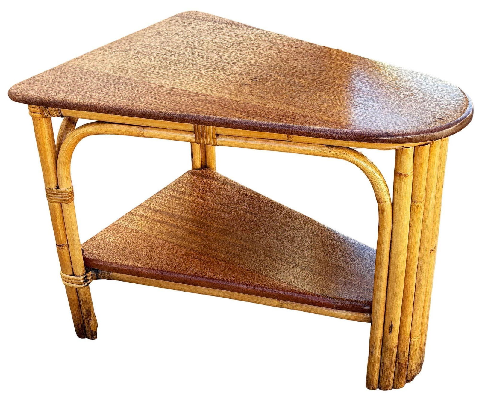 Restored MCM Rattan & Mahogany 7-strand Vertically Stacked Rattan Wedge Table - 2