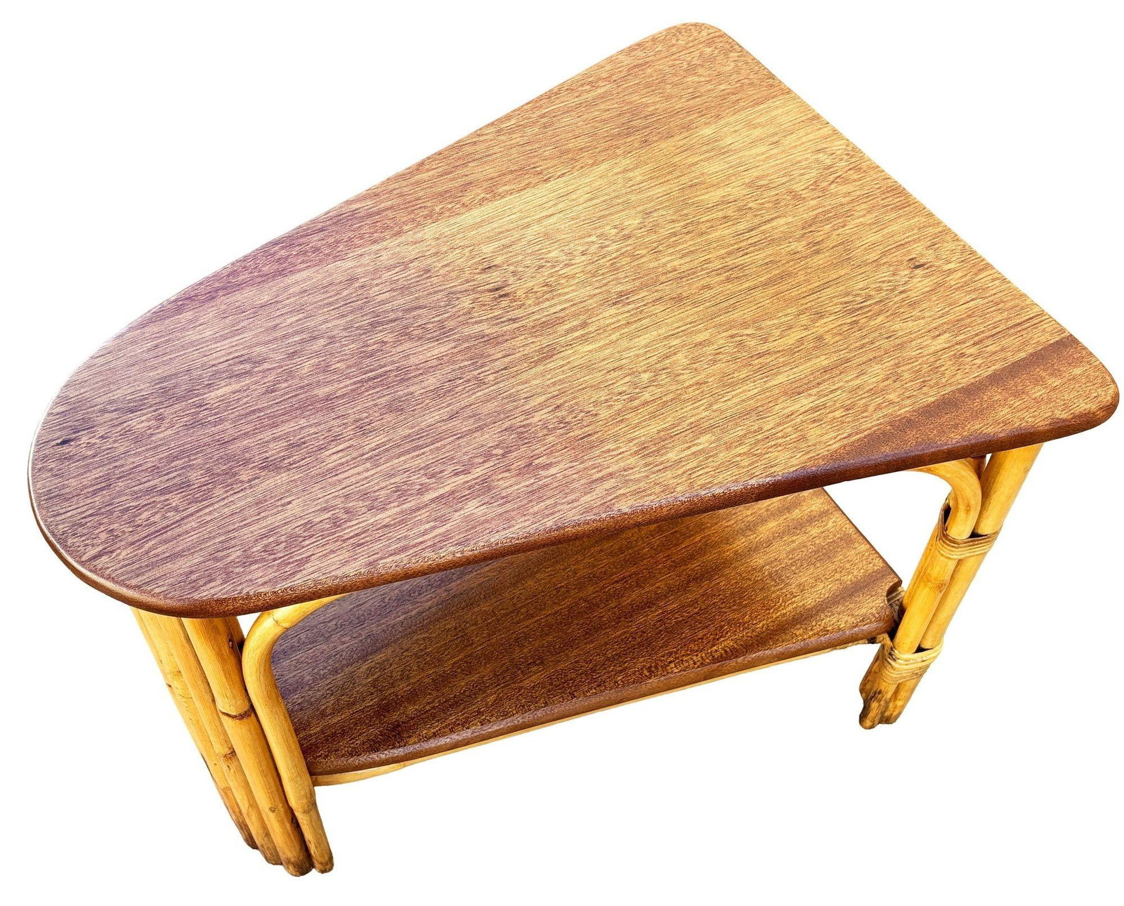 Restored MCM Rattan & Mahogany 7-strand Vertically Stacked Rattan Wedge Table - 3