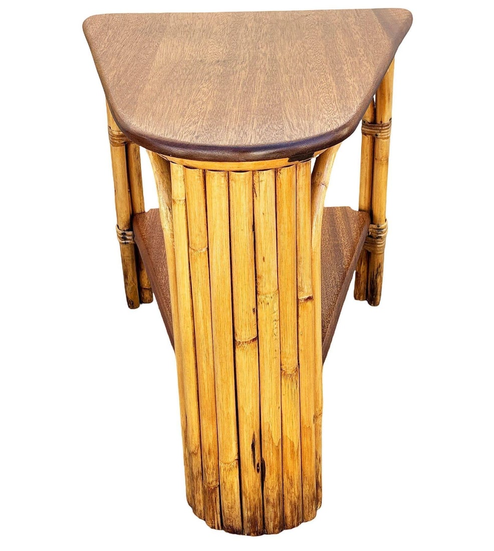 Restored MCM Rattan & Mahogany 7-strand Vertically Stacked Rattan Wedge Table - 4