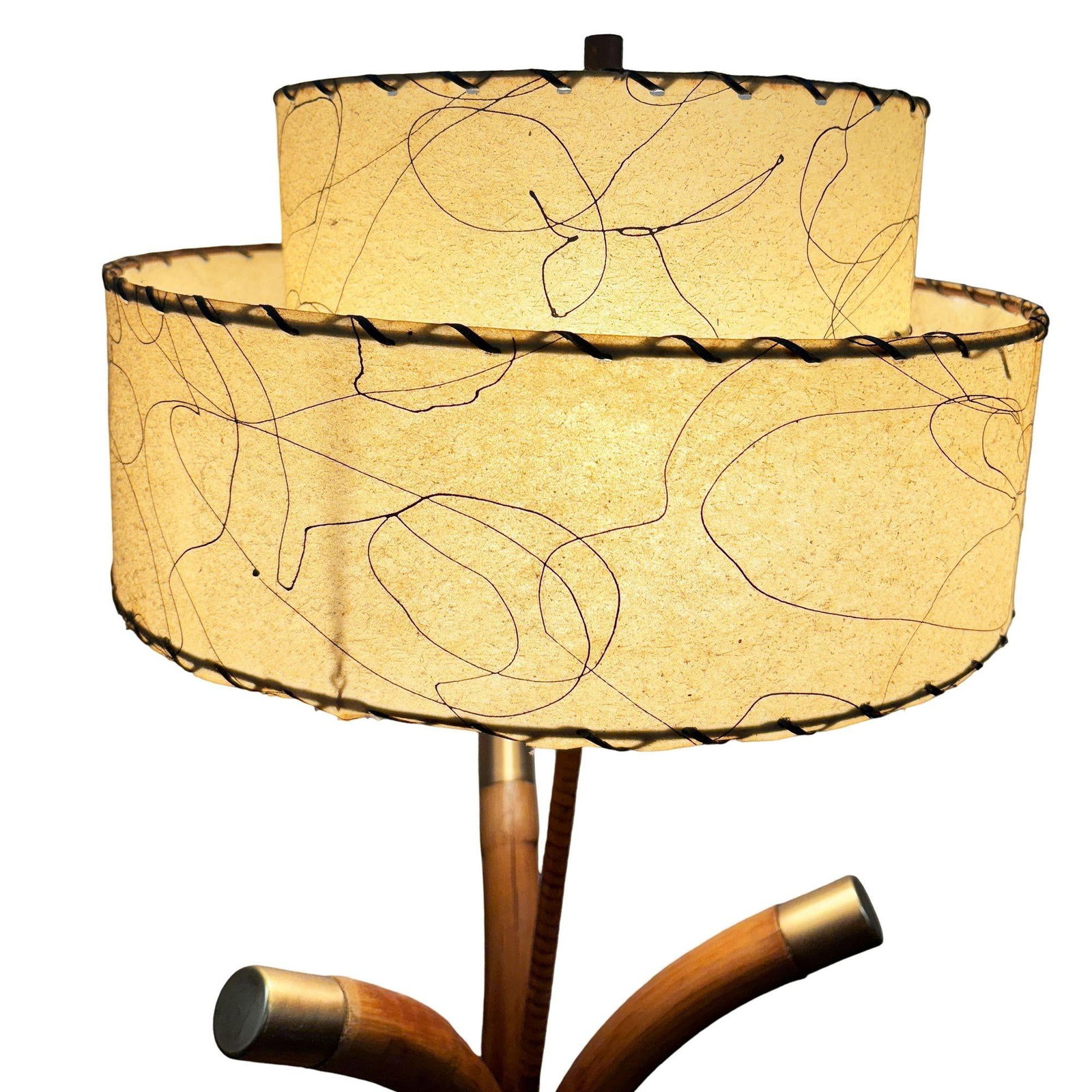 Restored Hourglass Palm Shaped Rattan & Mahogany Lamp w/ Whipple Stitch Shade - 2
