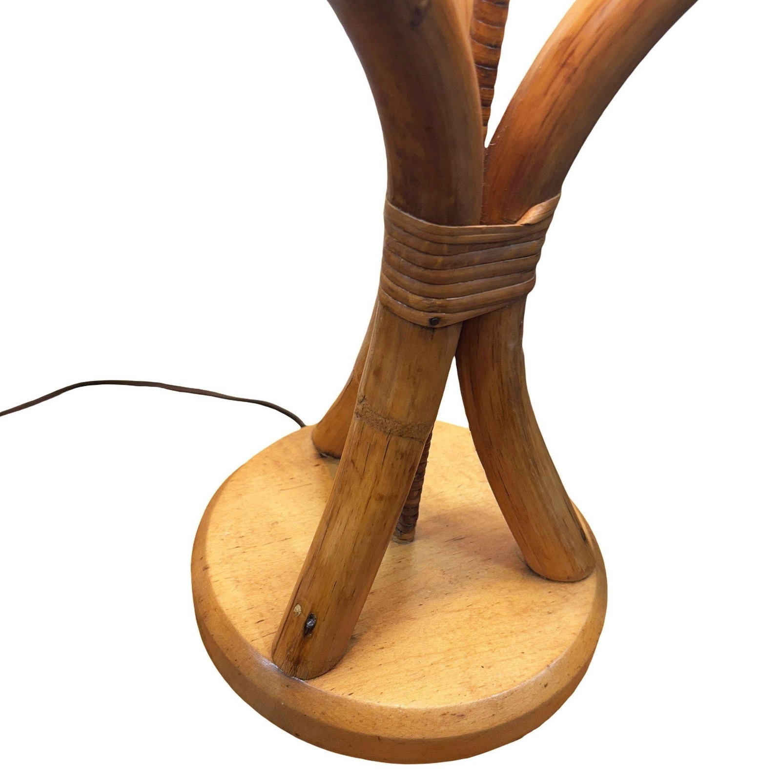 Restored Hourglass Palm Shaped Rattan & Mahogany Lamp w/ Whipple Stitch Shade - 4