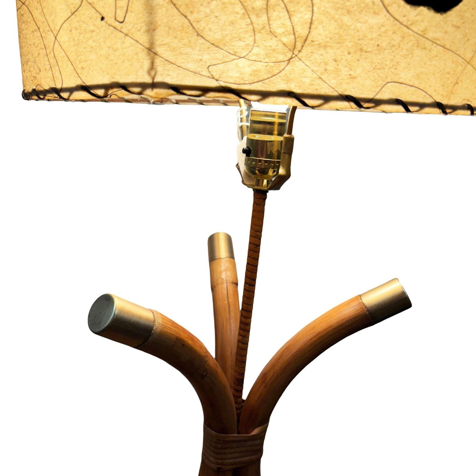 Restored Hourglass Palm Shaped Rattan & Mahogany Lamp w/ Whipple Stitch Shade - 5