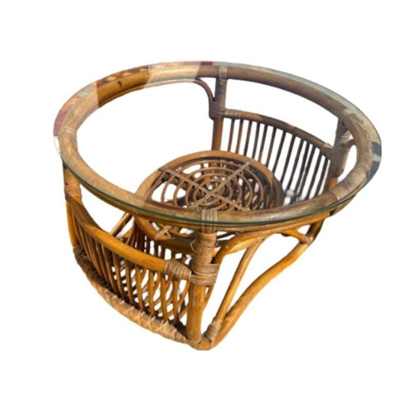 Restored Round Rattan Coffee Table with Reed Basket Base & Glass Top - 5