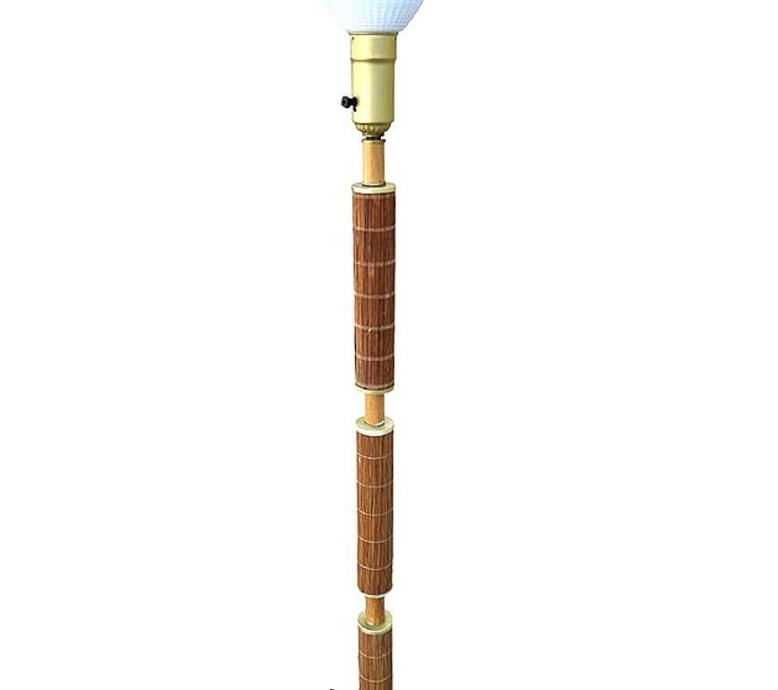 Mid-century Rattan & Brass Floor Lamp w/ Mahogany - 2