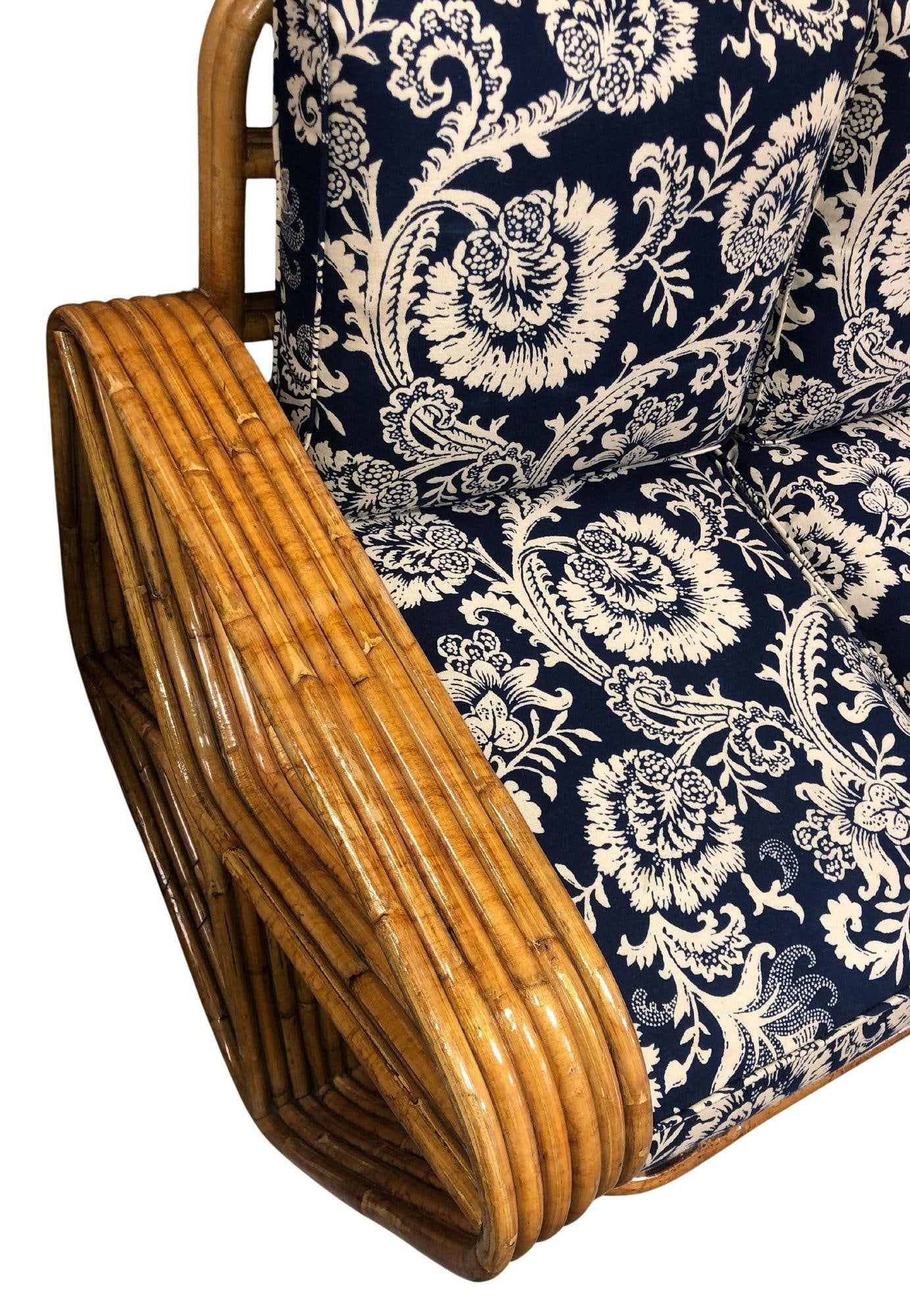 Restored MCM Six-Strand Double Triangle Pretzel Arm Tortoise Shell Rattan Settee - 3