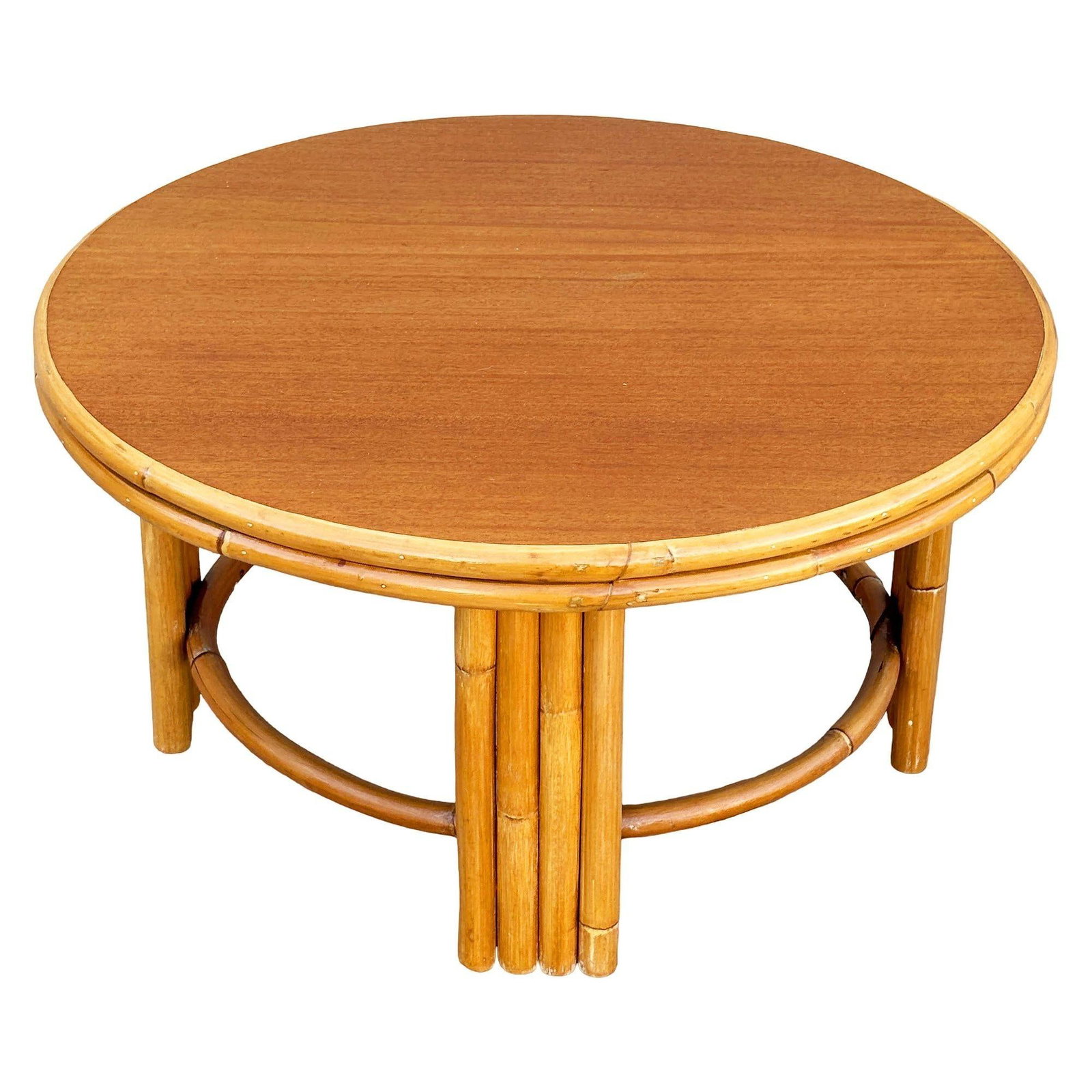 Restored Mid-century O-Base Round Costal Rattan End Table W/ Mahogany Top - 2