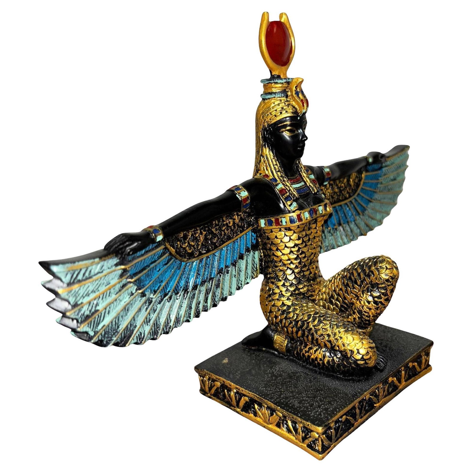 Hand Painted Resin Egyptian Goddess Tabletop Sculpture of Winged Deity Isis: Title: Hand Painted Resin Egyptian Goddess Tabletop Sculpture of Winged Deity Isis Description: This brass tabletop sculpture depicts the Egyptian goddess of motherhood, protection, and healing known