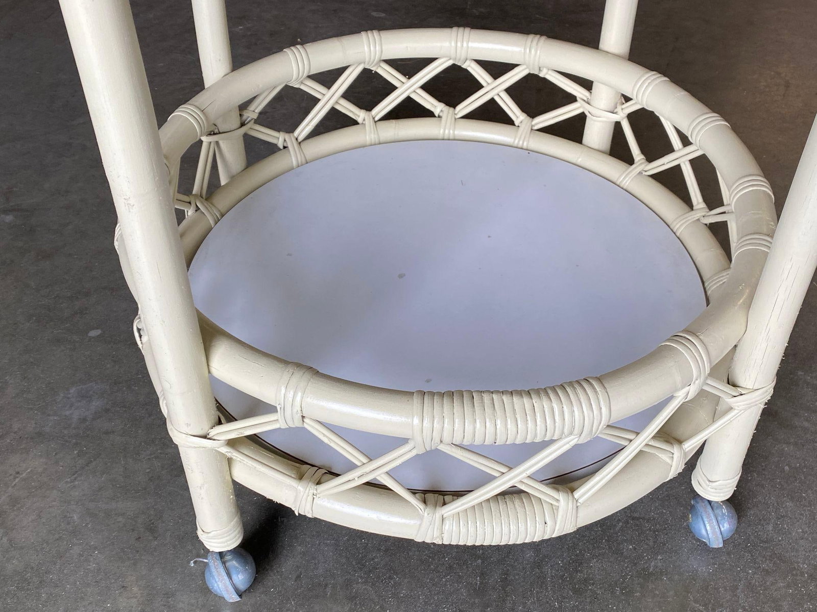 Restored Modern White Round Rattan and Mahogany Bar Cart - 5