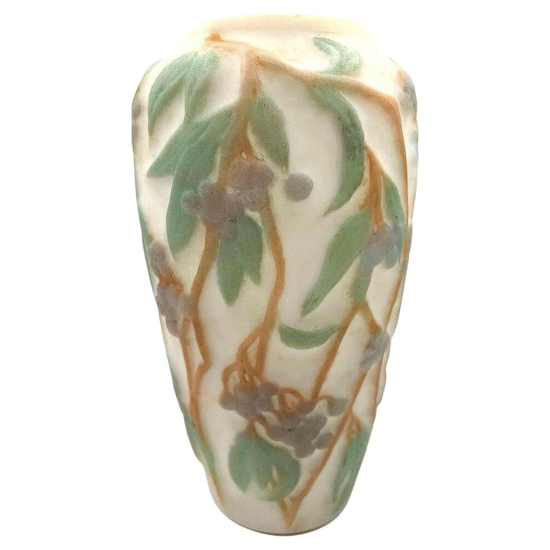 1924 Phoenix Consolidated Satin Glass Lamp Vase Base With Grape Leaves Floral: Title: 1924 Phoenix Consolidated Satin Glass Lamp Vase Base With Grape Leaves Floral Description: Original Consolidated Phoenix Glass showcases the refined elegance of a floral cameo of grapes with