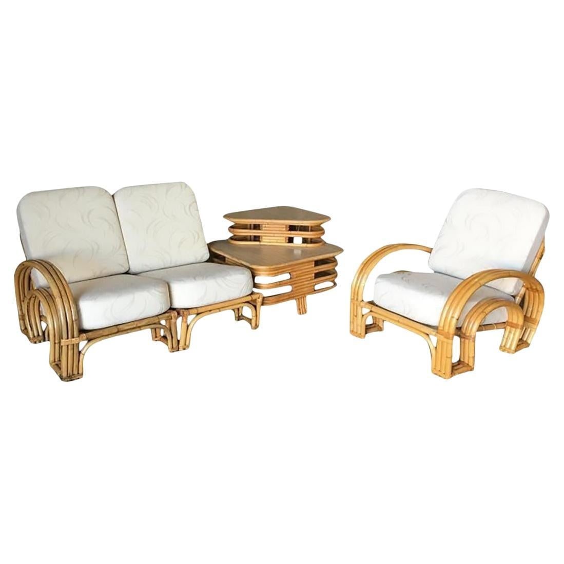 Restored Double Horseshoe Rattan Sofa, Lounge Chair, Side Table Living Room Set: Title: Restored Double Horseshoe Rattan Sofa, Lounge Chair, Side Table Living Room Set Description: This beautifully restored rattan blending style vintage charm with modern comfort. Rare "Double