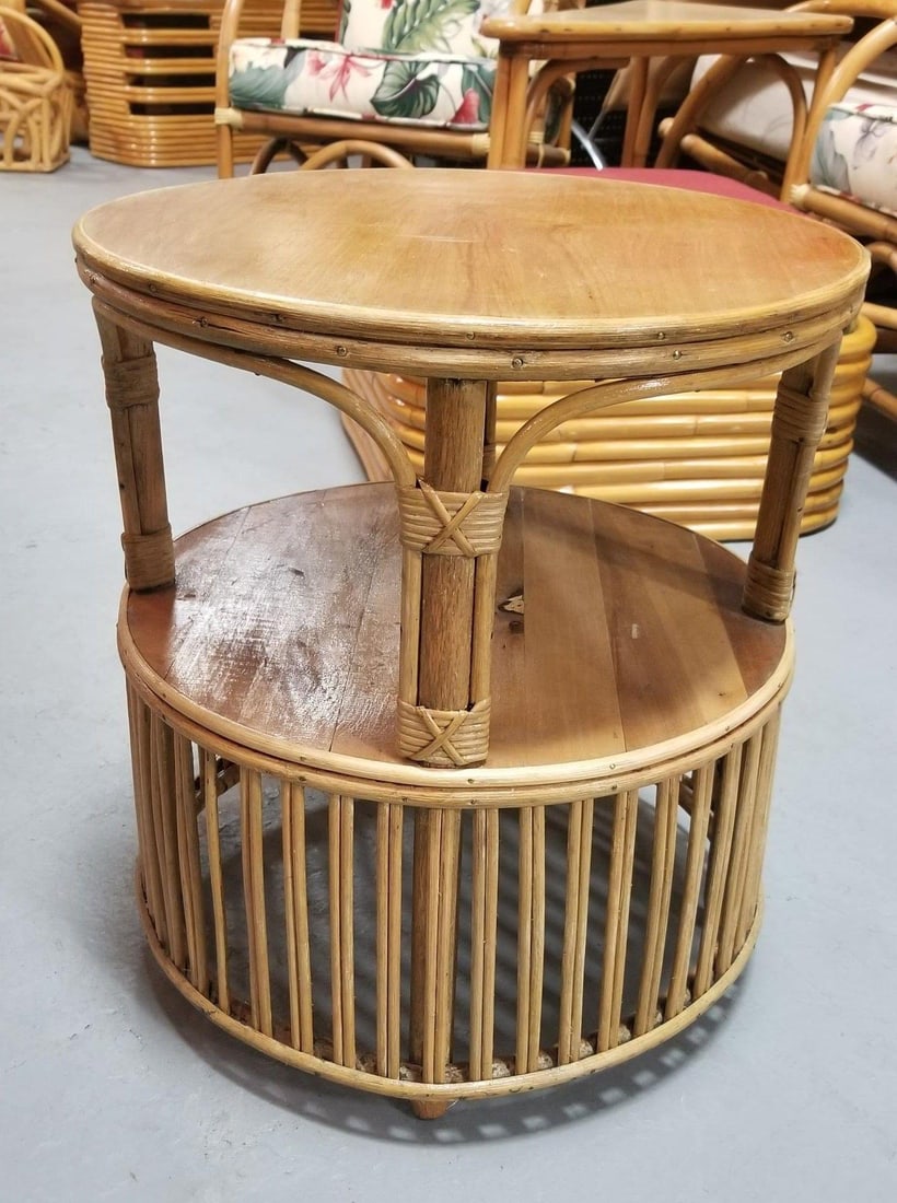 Restored Rattan Round Side Table with Pencil Reed Base - 2