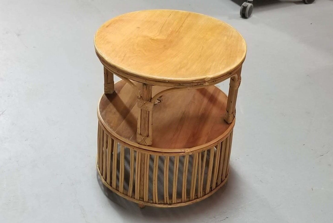 Restored Rattan Round Side Table with Pencil Reed Base - 3