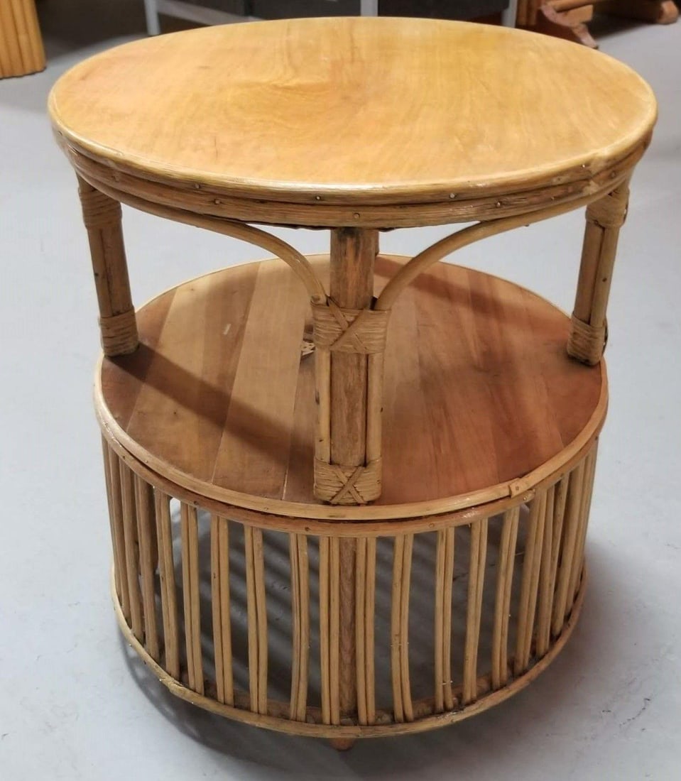 Restored Rattan Round Side Table with Pencil Reed Base - 4