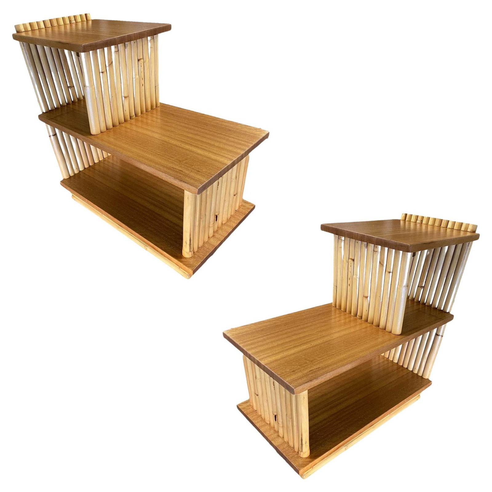 Restored Mid-Century Vertically Stacked Geometric Rattan Side Table, Mahogany: Title: Restored Mid-Century Vertically Stacked Geometric Rattan Side Table, Mahogany Description: Paul Frankl style three-tier vertically stacked rattan end table pair with stained mahogany wood